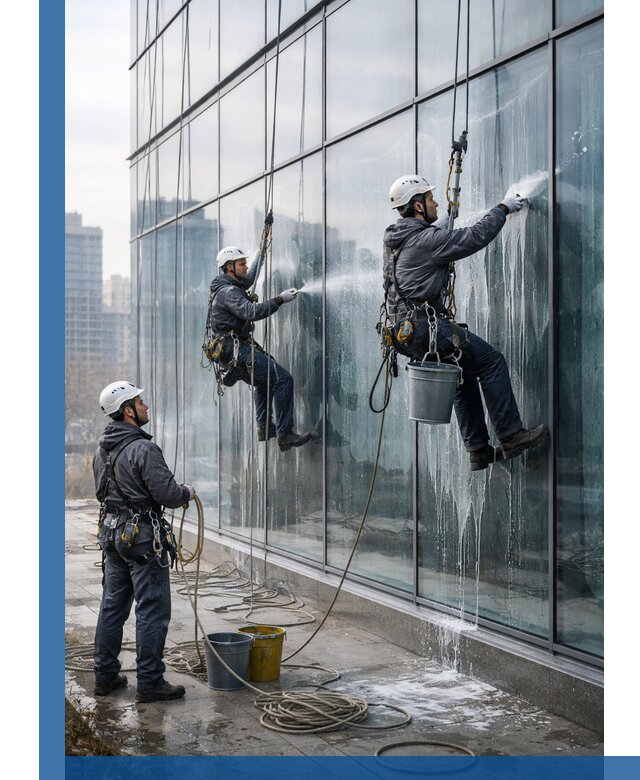 Промышленная мойка панорамных окон на высоте в Зеленодольске