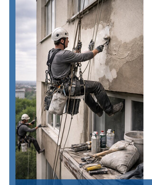 Косметический ремонт фасада зданий в Зеленодольске промышленными альпинистами