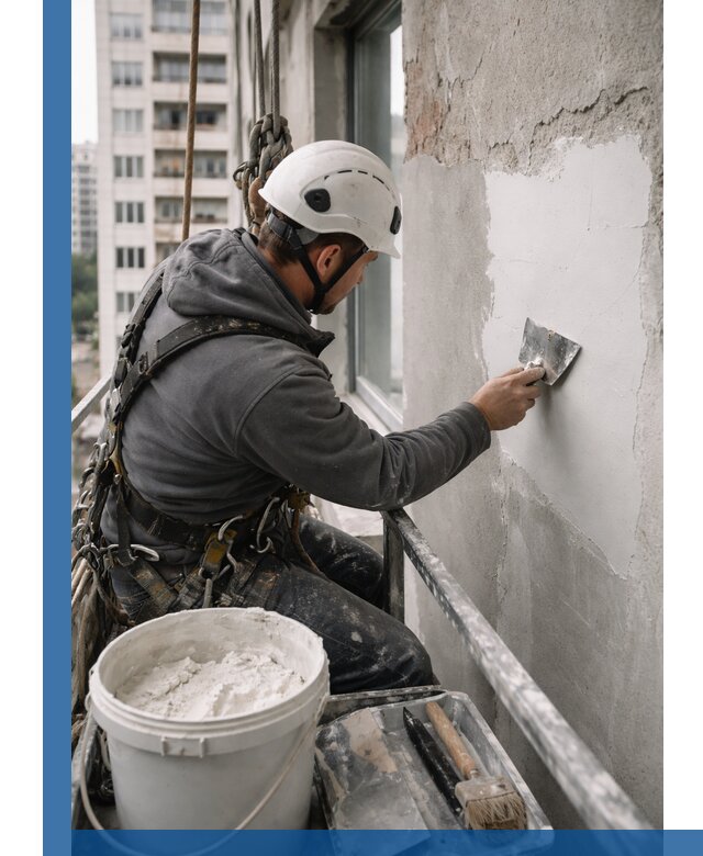 Шпаклевка фасадов на высоте с промальпинистами в Зеленодольске