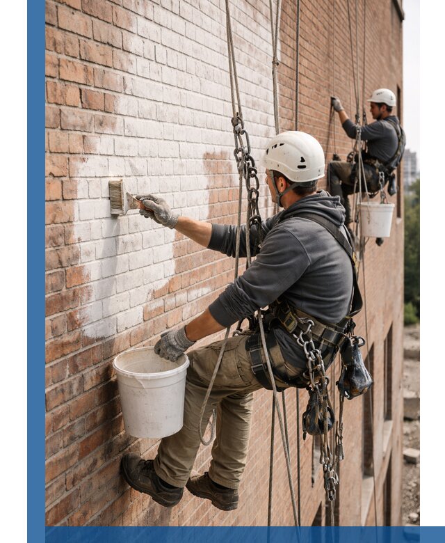 Покраска кирпичного фасада с доступным альпинистским сервисом в Зеленодольске