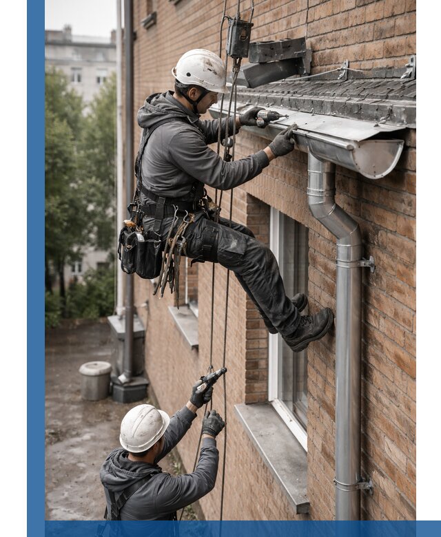 Монтаж водосточной системы на здании в Зеленодольске под ключ