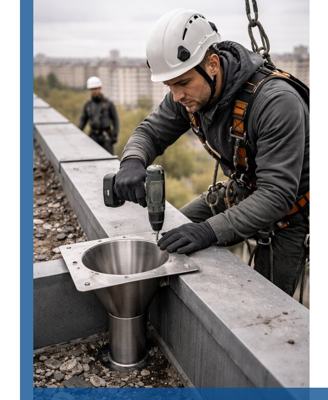 Монтаж водосточных воронок в Зеленодольске для промышленных зданий