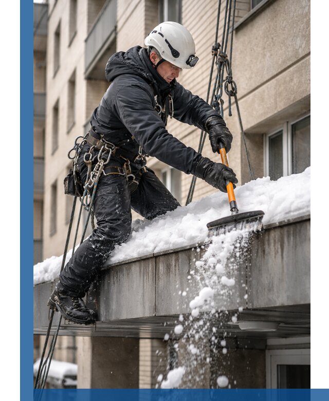 Очистка козырьков от снега в Зеленодольске круглогодично безопасно