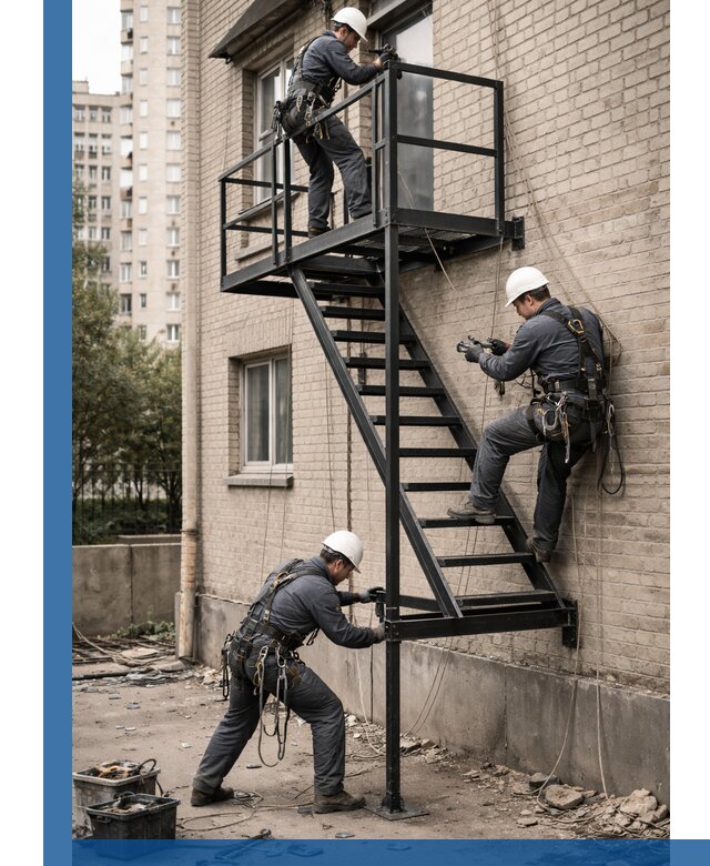 Монтаж пожарной лестницы в Зеленодольске, установка и крепление