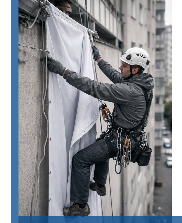 Замена баннерного полотна промышленными альпинистами в Зеленодольске