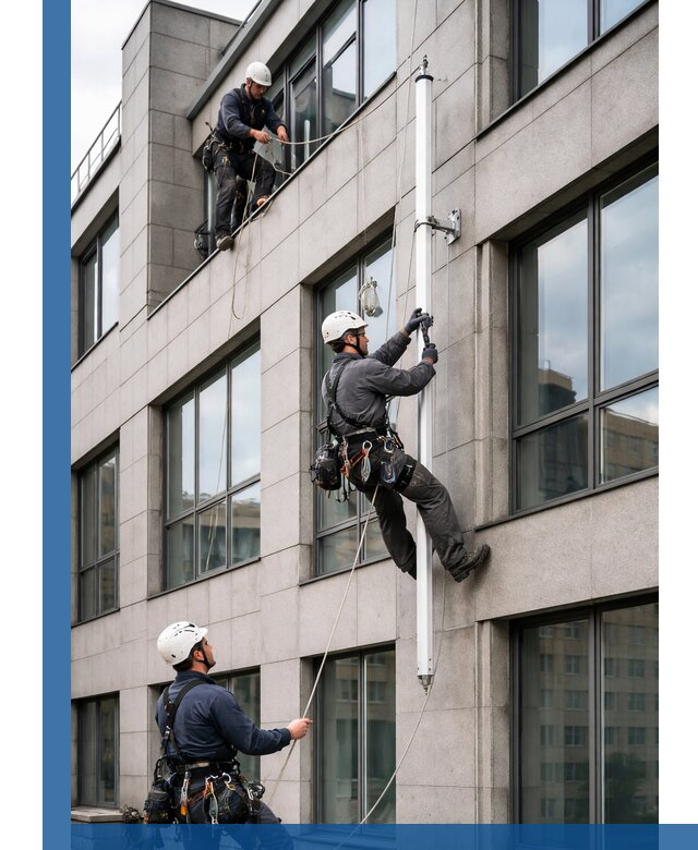 Монтаж флагштока на фасаде здания с креплением и герметикой в Зеленодольске