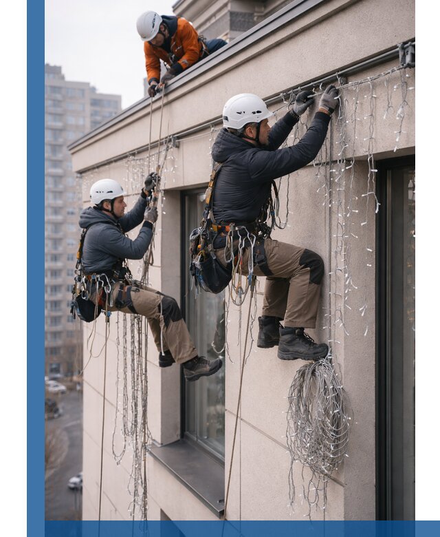 Монтаж праздничных гирлянд на фасаде в Зеленодольске для зданий