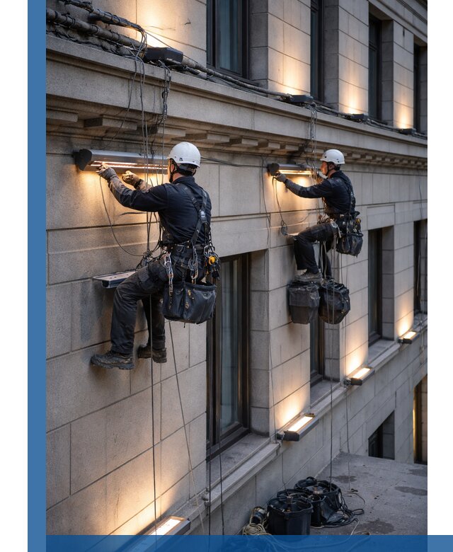 Монтаж архитектурной подсветки фасадов зданий в Зеленодольске