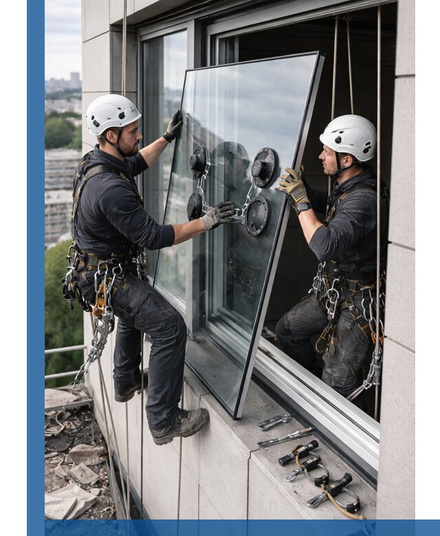 Замена стеклопакетов на высоте с промышленными альпинистами в Зеленодольске
