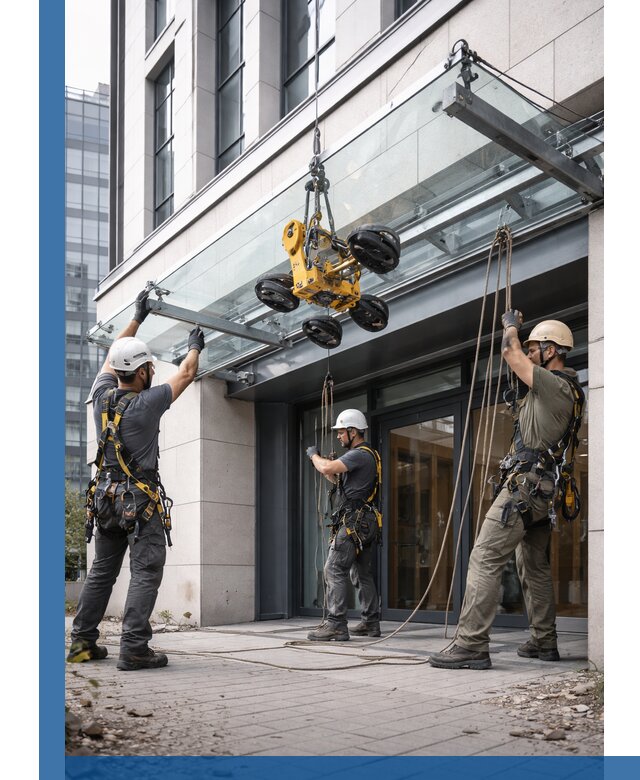 Монтаж стеклянных козырьков под ключ в Зеленодольске для зданий