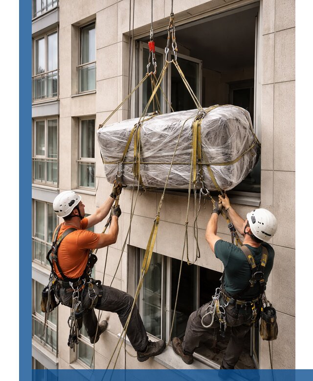 Подъем грузов через окно в Зеленодольске промышленными альпинистами