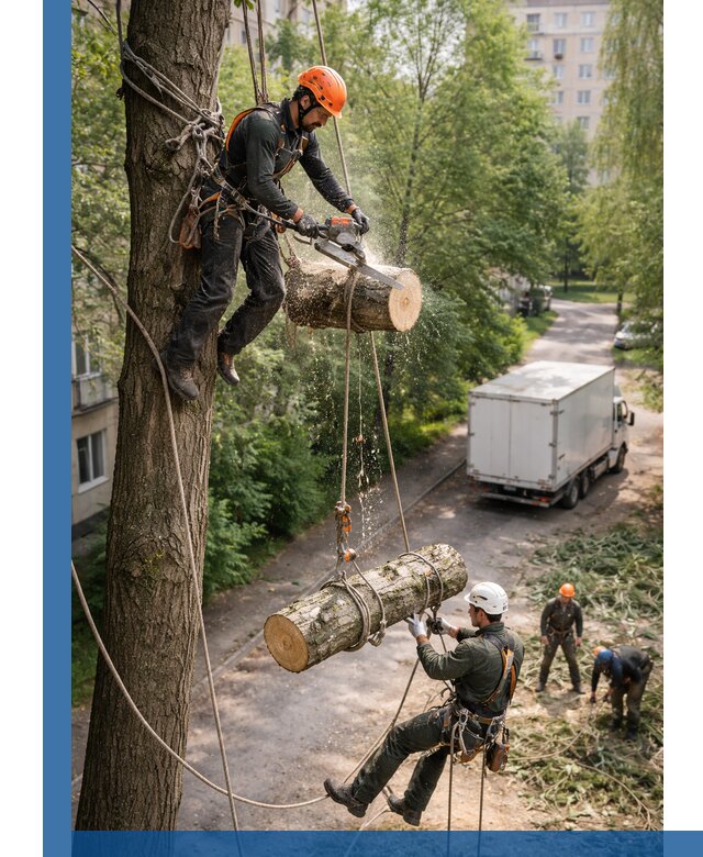 Спил деревьев альпинистами в Зеленодольске, безопасно и без повреждений