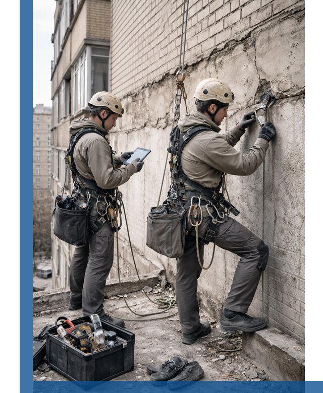 Обследование фасада промышленными альпинистами в Зеленодольске